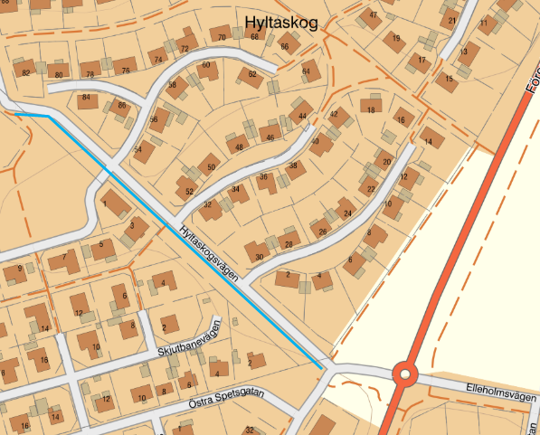 Kartbild över hur gång- och cykelvägen ska gå utmed Hyltaskogsvägen