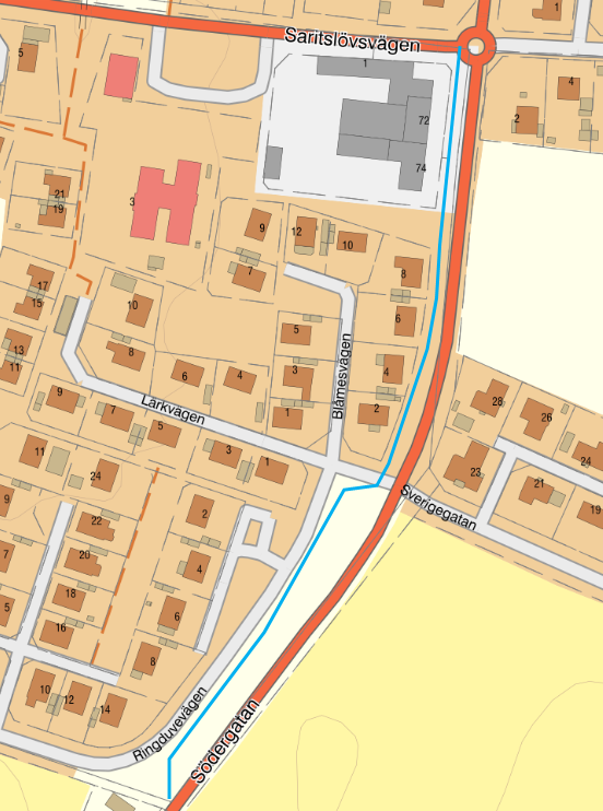 Karta över sträckning för gång- och cykelväg Södergatan etapp 2
