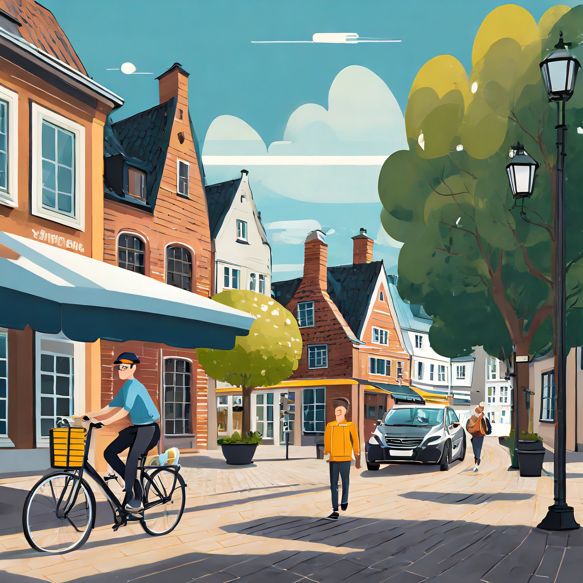 AI-genererad illustration med en skånsk bykärna med små tegelhus, uteservering, folkliv på gatan, grönska och sommar